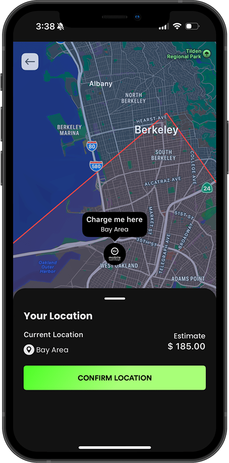 Smartphone screen displaying a map of Berkeley, California with a red route line and a marker labeled 'Charge me here Bay Area'; below is a location confirmation section showing current location as Bay Area and an estimated cost of $185.00 with a green confirm location button.
