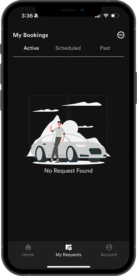 Mobile app screen showing 'My Bookings' with tabs Active, Scheduled, and Past, and a message 'No Request Found' below an illustration of a person standing next to a car with mountains and clouds in the background.